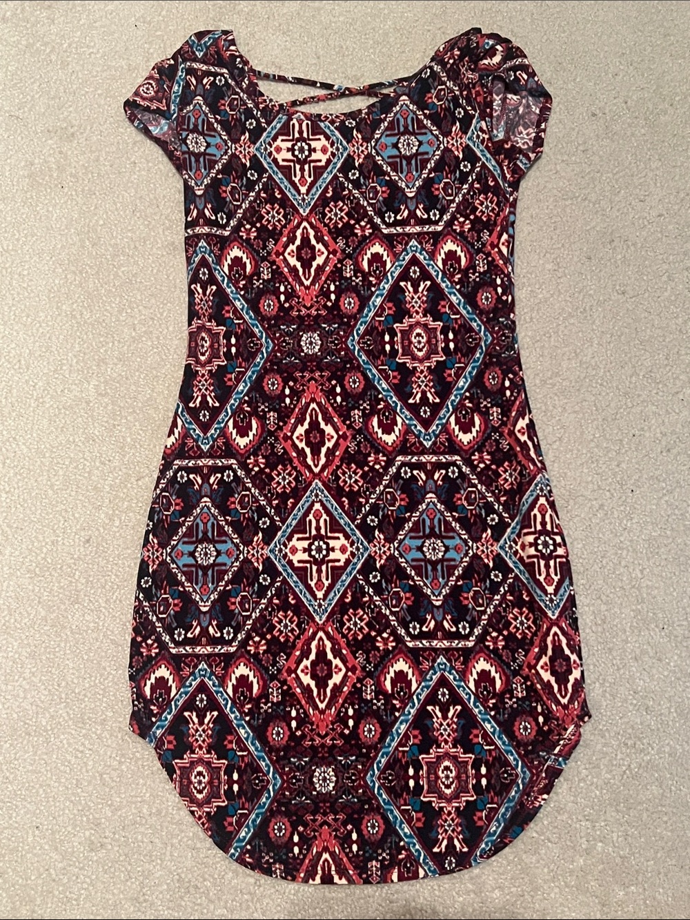 No Boundaries Aztec Diamond Tunic in Burgundy, Teal, Cream